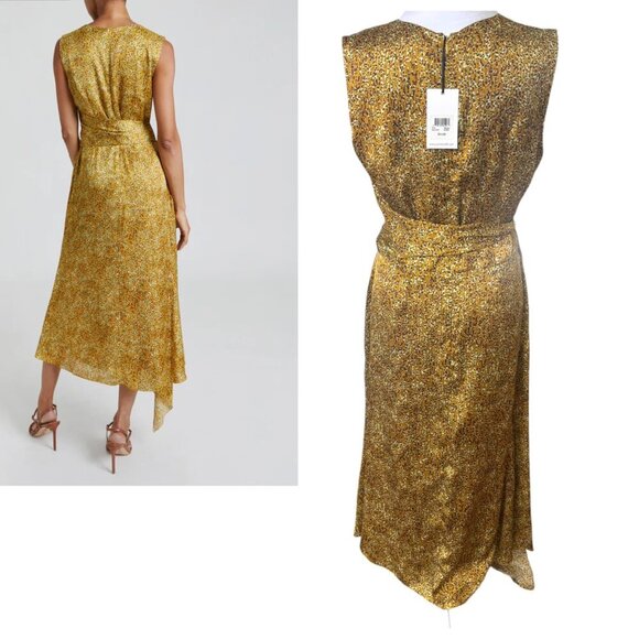 Santorelli VELIA Sleeveless Midi Dress in Dijon Yellow Printed Satin SIZE 8 NWT - Picture 4 of 6